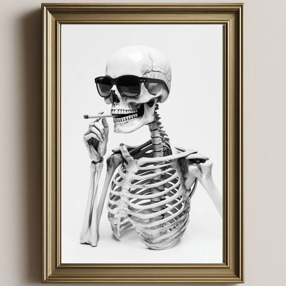 8.5x11 Skeleton Smoking Poster, Gothic Minimalist Wall Art, Black & White - Picture 1 of 5